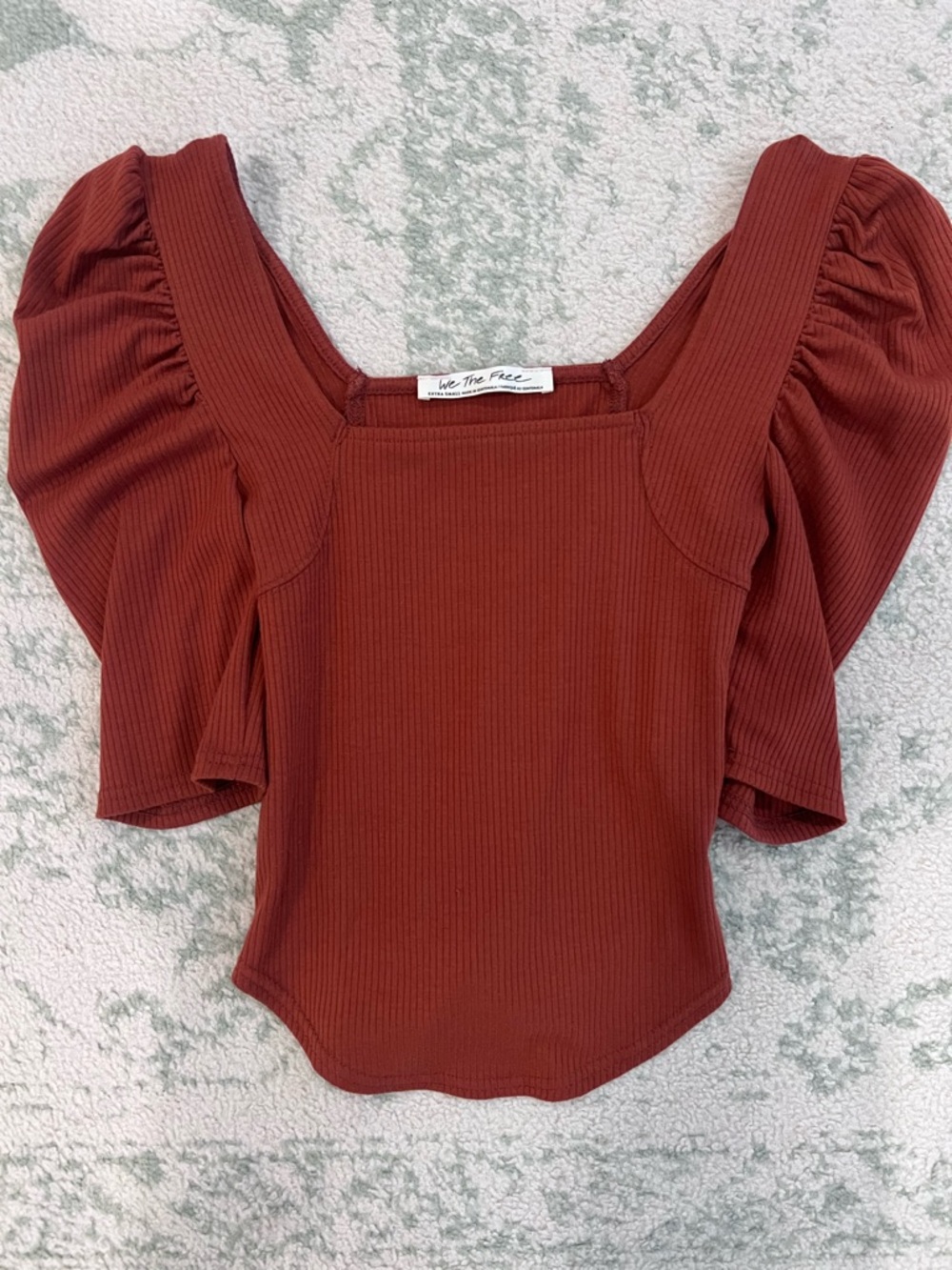 Free People Brick Red Ribbed Square-Neck Puff Sleeve Crop Top